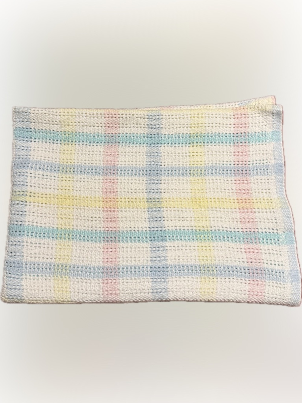 Vtg Beacon Baby Pastel Plaid Stripe Knit Waffle Weave Blanket USA 45"x30"